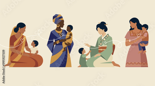 Mother's Day: Diverse mothers from various cultures bonding with their children to represent global motherhood and universal parental love for social awareness campaigns