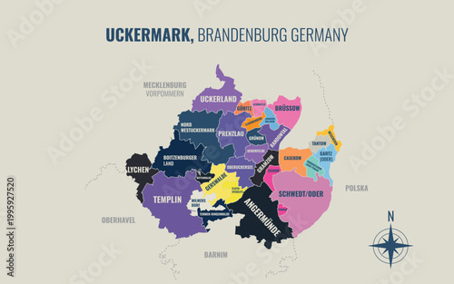 A map showing Uckermark BB Kreise into Gemeinden in a minimalist colorful style
