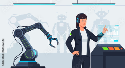 Female engineer controlling robotic arm with futuristic interface in high-tech factory