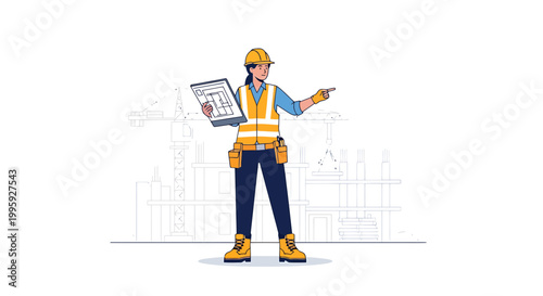 Female construction worker with blueprint and hard hat on a building site