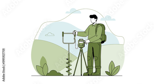 Geologist with drilling equipment in a natural landscape, environmental research