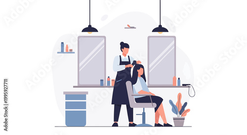 Hairdresser styling client's hair in a modern salon with mirrors and styling tools