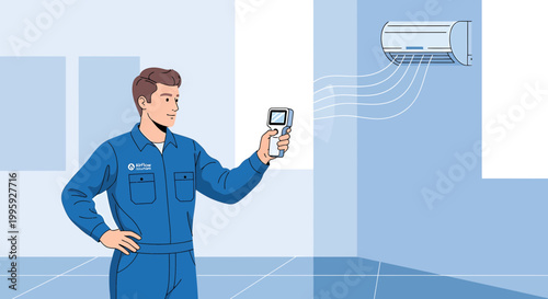 HVAC technician checking air conditioner with infrared thermometer, home maintenance service