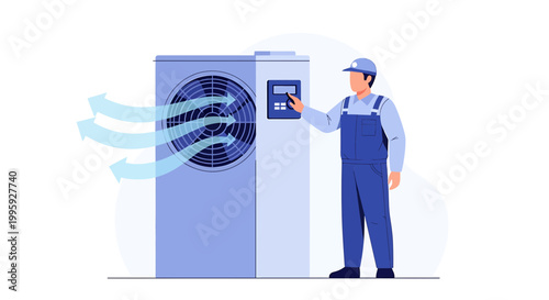 HVAC technician inspecting an outdoor air conditioning unit with airflow