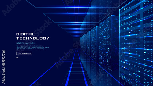 Modern data center visualization with server racks and flowing digital information streams, featuring abstract blue and green tech elements and text block placement. Digital technology vector cover