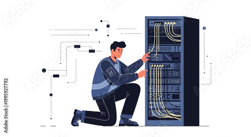 IT technician working on server rack with cables in data center, technology concept