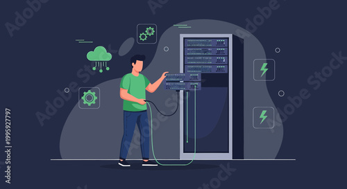 IT technician connecting server rack in data center, cloud computing and cybersecurity concept