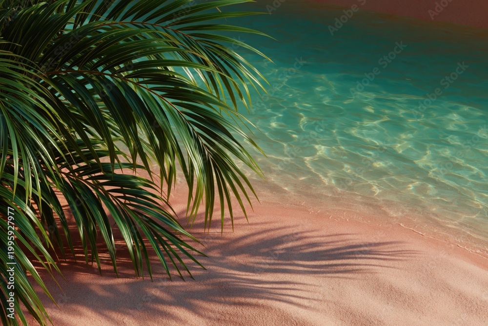 Fototapeta premium Palm leaves casting shadow over clear turquoise shallows and pink sand
