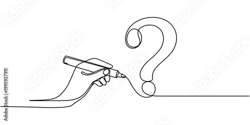 Single continuous line drawing hand holds marker forms big question mark from scribbled lines. Seeking enlightenment to find best solution. National Day of Reason. One line design vector illustration