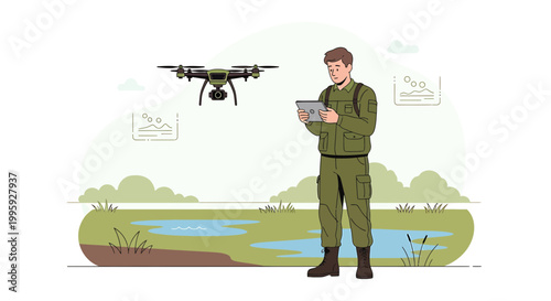 Man controlling drone for aerial survey in natural landscape