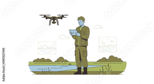 Man controlling drone with tablet in nature, aerial survey, technology in environment