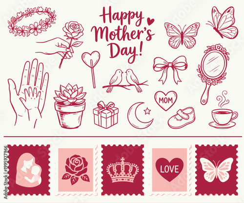 Mother's Day Collection of hand drawn maternal symbols and holiday greetings for Mother's Day celebration and seasonal gift branding
