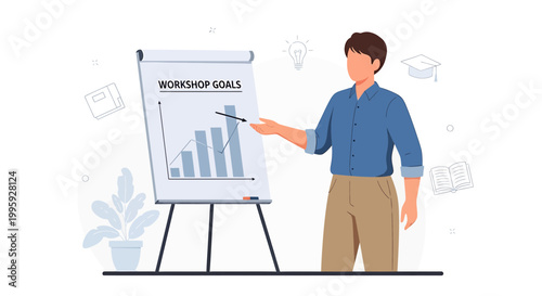 Man presenting workshop goals with growth chart on flip chart, business meeting concept