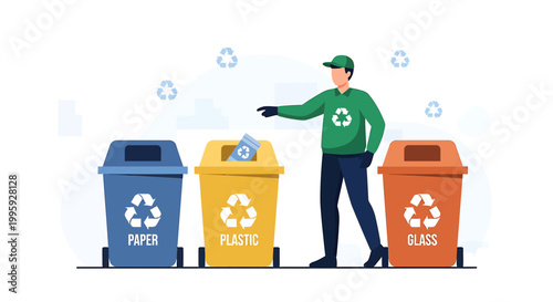 Man sorting waste into recycling bins for paper, plastic, and glass, promoting environmental awareness.