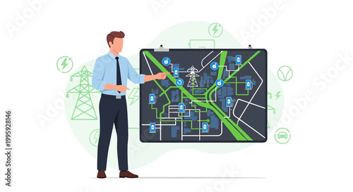 Man presenting smart grid energy distribution map with renewable energy symbols