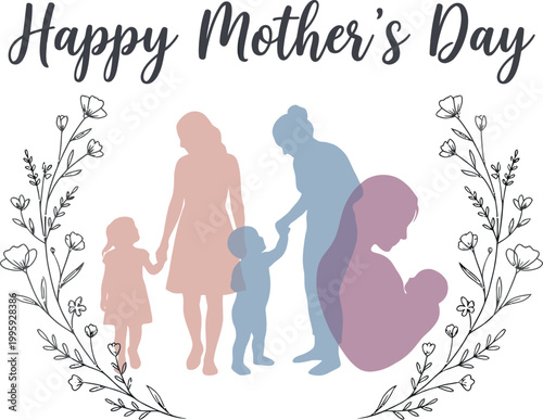 Happy Mother's Day greeting card design featuring family silhouettes and floral elements for seasonal celebration and maternal appreciation