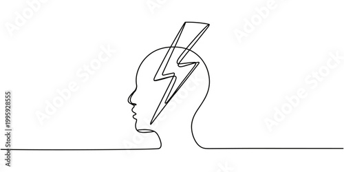 Stress and Mental Pressure, continuous one line drawing of Head with Lightning Bolt.one line drawing vector illustration