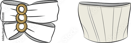 Flat vector fashion bow with gold rings, beige corset clothing design