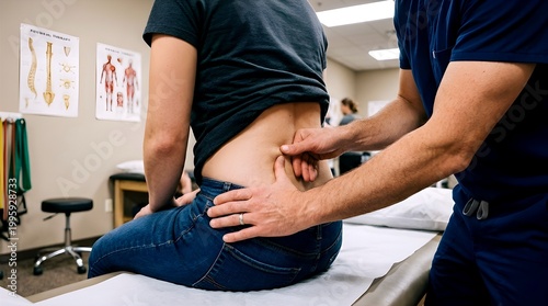 Professional physiotherapist or chiropractor performing a manual spinal examination on a patient with lower back pain. Concept of physical therapy, healthcare, and spine rehabilitation.