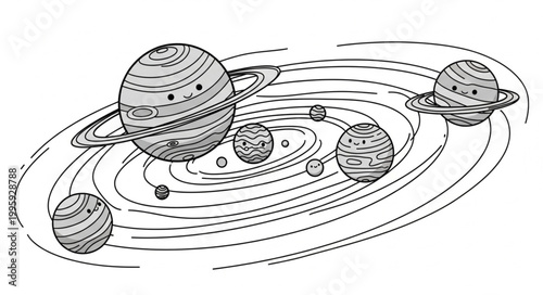 Illustration of a planetary system with orbiting planets.