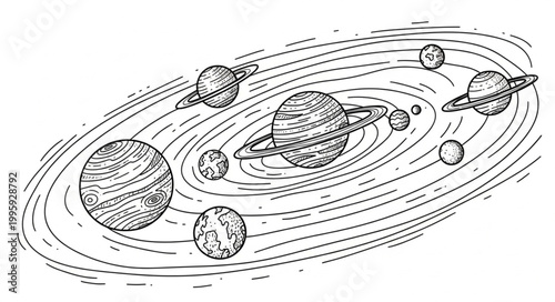Illustration of a Solar System with Planets and Orbits.