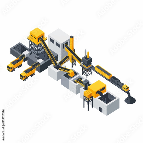 Industrial mining processing plant with trains and conveyor belts.