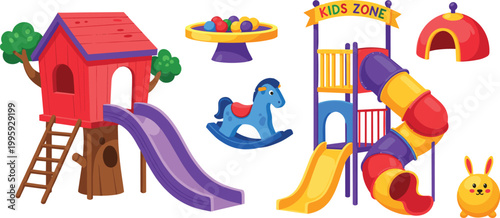 Kids playground equipment set with slides, playhouse, rocking toy, and colorful structures illustrating children outdoor activities, fun entertainment, and park recreation vector illustration