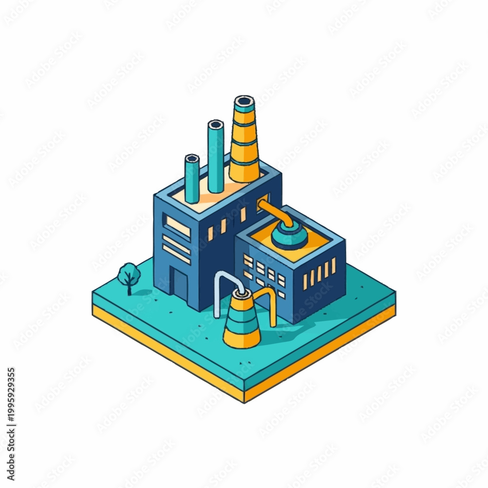 Naklejka premium Isometric factory building with smokestacks and pipes illustration.