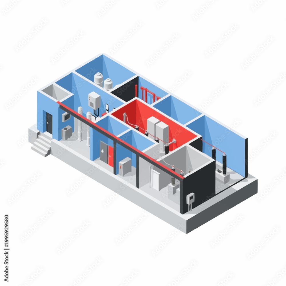 Fototapeta premium Isometric view of a modern buildings mechanical room and interior layout.
