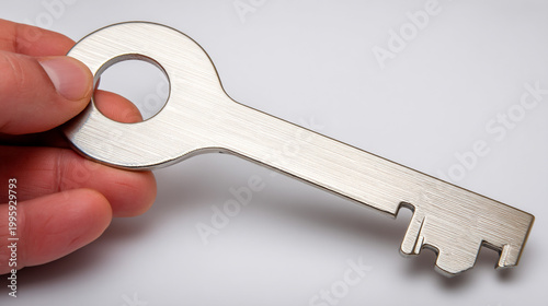 Close-up of hand holding a large silver key against a white background with security, solution