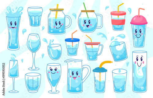 Cartoon fresh water healthy drinks and whimsical hydration. Cute happy glass, mug and cups, jar and pitchers with sparkling blue water and ice, with green orange straws and pink lids. Vector drinks