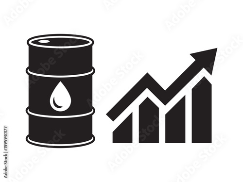 Black oil barrel with a droplet symbol next to an upward trending bar graph on white background