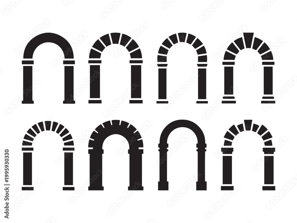 Fototapeta premium Eight black silhouette architectural arches with columns and keystones
