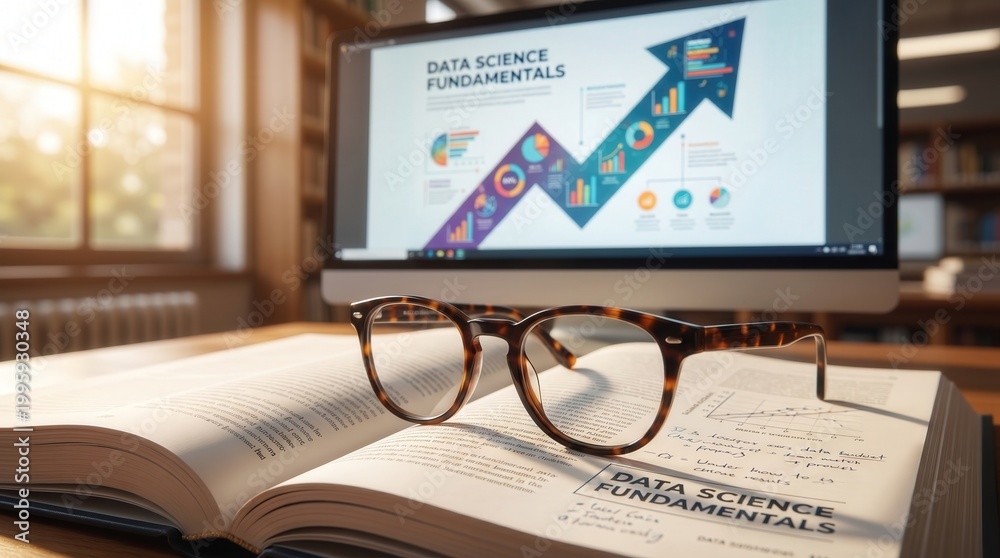Obraz premium Data science education and professional learning concept. Reading glasses on textbook with analytics infographic on computer screen for academic study.