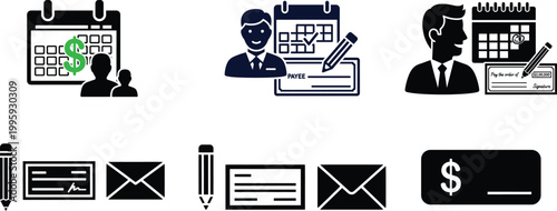 Set of black and white business icons featuring calendar paycheck and pen symbols