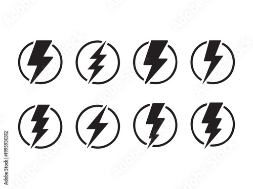 Eight black lightning bolts inside circles on white background