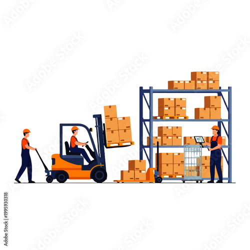 Vector flat design illustration of warehouse workers loading boxes onto shelves with forklifts and pallet jacks
