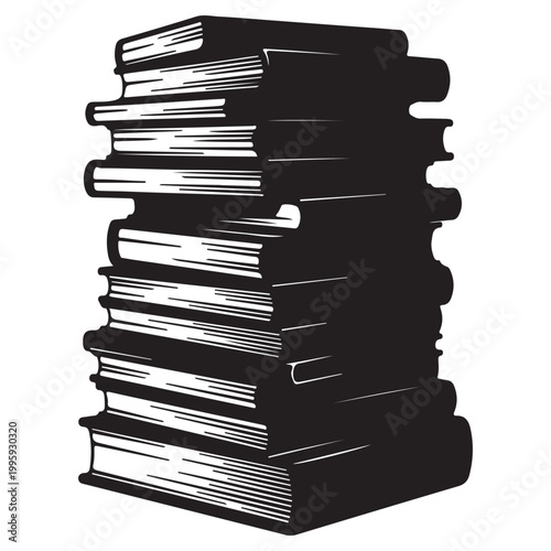 Tall stack of books with black and white, background