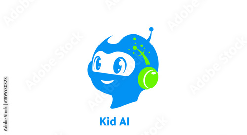 Blue cartoon kid wearing green headphones.