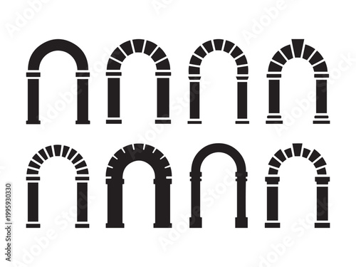 Eight black silhouette architectural arches with columns and keystones