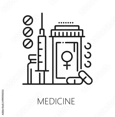 Medicines drug gynecology, urinary medicine line icon. Reproductive medicine outline icon, gynecology treatment healthcare vector sign. Pregnancy health pictogram or symbol with pills and syringe