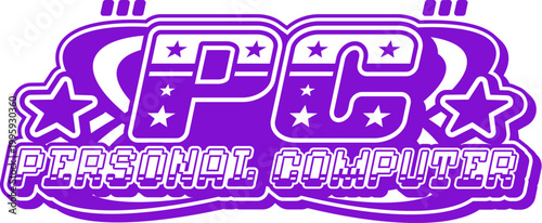 Personal computer and technology retro Y2K icon or symbol. Digital technology Y2K vector element, computer startup 60s 70s icon. PC software retro sign or symbol with stars and pixelated typography