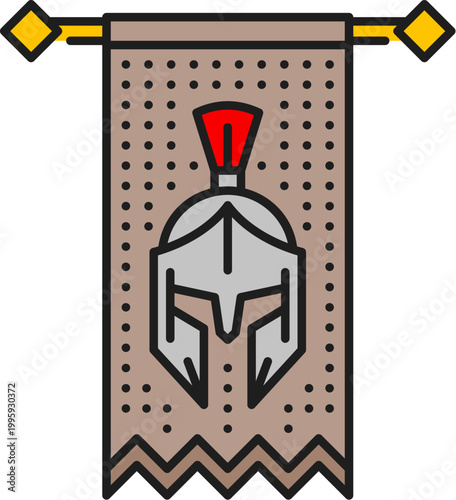 Heraldry banner flag color line icon or symbol. Antique medieval outline symbol, royal Coat of Arms pictogram. Ancient heraldry icon with spartan warrior helmet