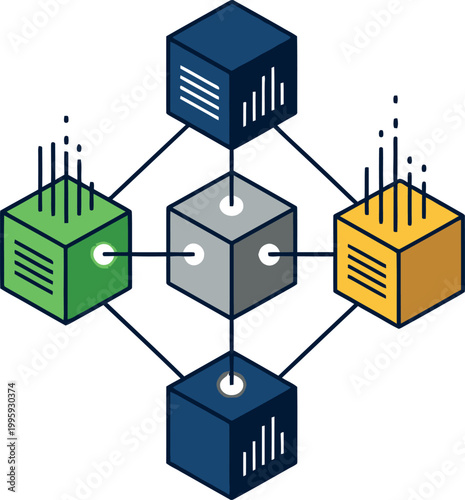 Blockchain technology vector illustration featuring a decentralized network structure with interconnected digital blocks and information nodes for modern finance or secure data storage concepts isolat