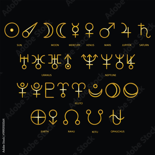 Planetary Symbols and Astrology Glyphs Collection. Golden Minimalist Icons for Sun, Moon, Mercury, Mars, Pluto, Rahu, Ketu, and Ophiuchus on Black Background. Esoteric Sacred Geometry Illustration. 