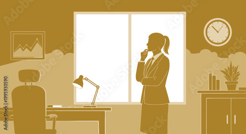 Businesswoman standing thinking in office looking out window