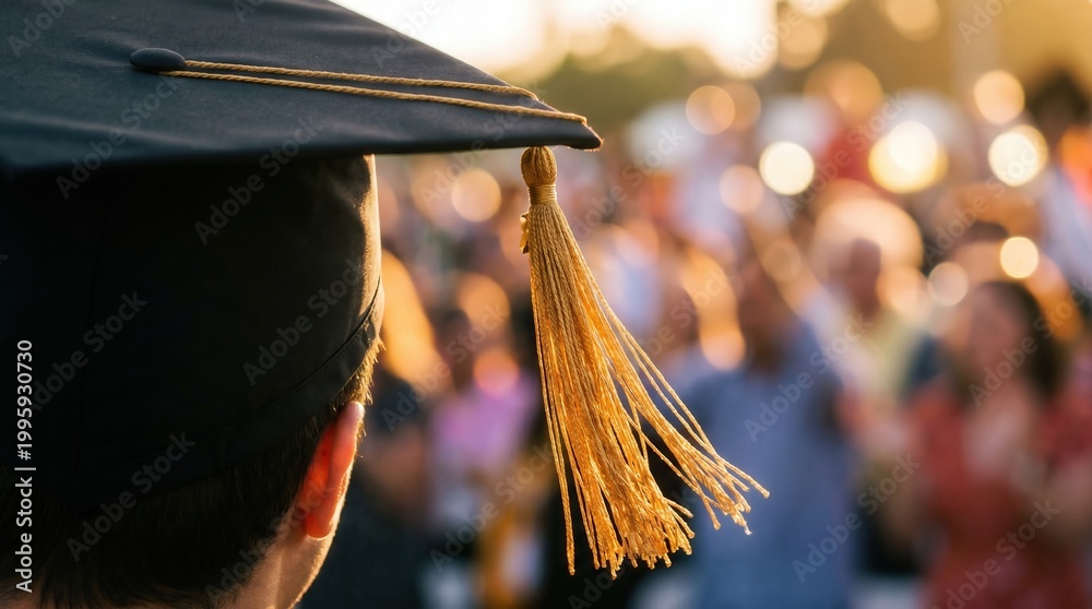 Obraz premium Male student wearing graduation cap and gold tassel looking at blurred crowd during outdoor commencement ceremony. Academic achievement, career milestone and future success concept.