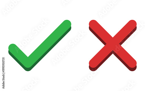 Rounded check and cross icons with soft depth shadow – Clean green and red validation symbols, perfect for UI design, apps, forms, dashboards, and modern digital interfaces