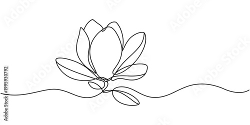 Magnolia flowers in one line art style. Continuous drawing can used for icon, wall art prints, posters, magazine, postcard, emblem, logo. Abstract Vector illustration