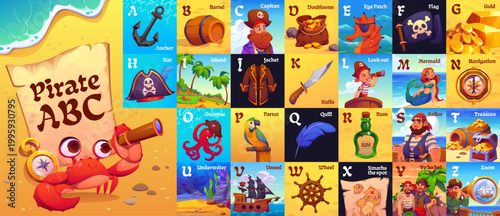 Pirate abc education flashcards, kids corsair alphabet type english letters flash cards. Cartoon pirate captain and sailor characters, corsair ship and flag, treasure map and chest abc flashcards